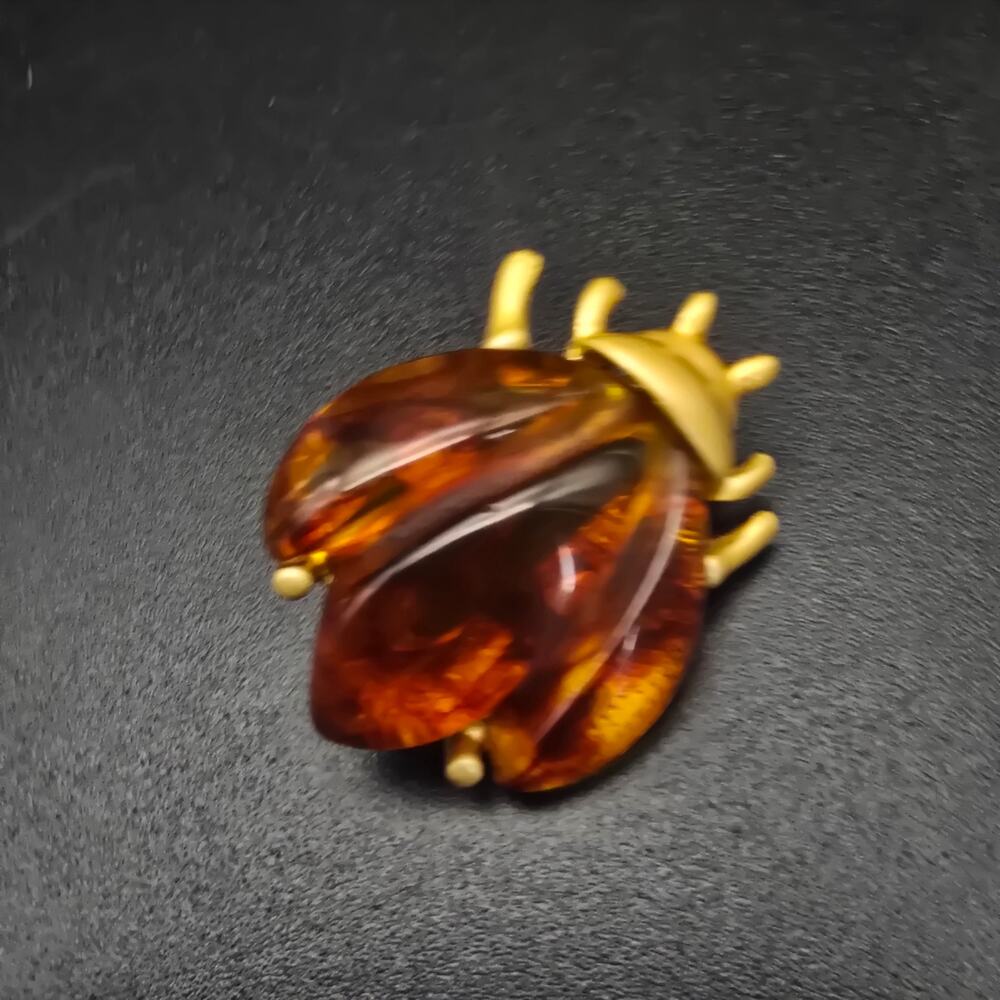 Faux Tortoise Shell Insect Bug Brooch Gold Tone Vintage Costume Jewelry